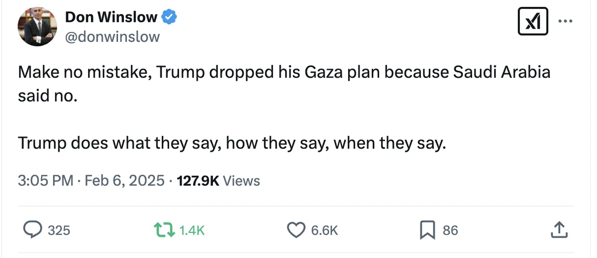 A screenshot of a tweet by Don Winslow, who is shown in a circular profile picture wearing a suit. The tweet text states…