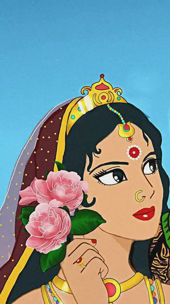 A stylized illustration of a woman with dark hair, wearing a golden crown, a red bindi, a gold nose ring, and traditional…