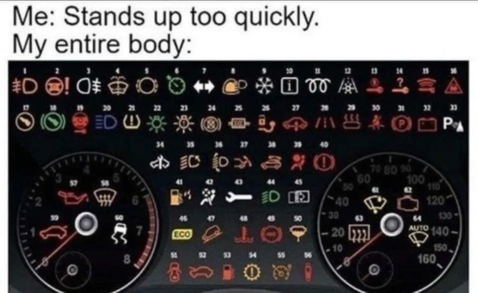 The image shows a car's dashboard with all warning lights illuminated in red and yellow, symbolizing a body in distress. The…