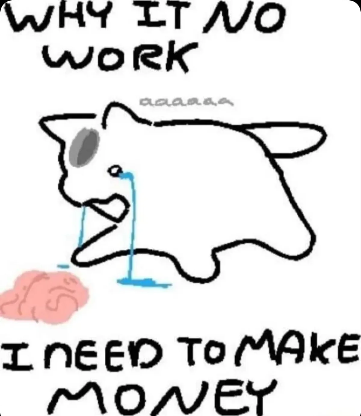 A crudely drawn cartoon cat with one eye closed and blue tears streaming from its other eye, with a pink brain drawn below…