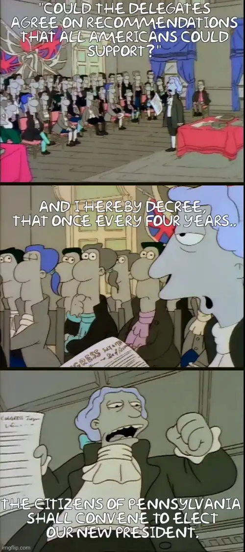A three-panel meme from 'Futurama' shows a historical-looking character addressing a crowd. In the first panel, he asks if…