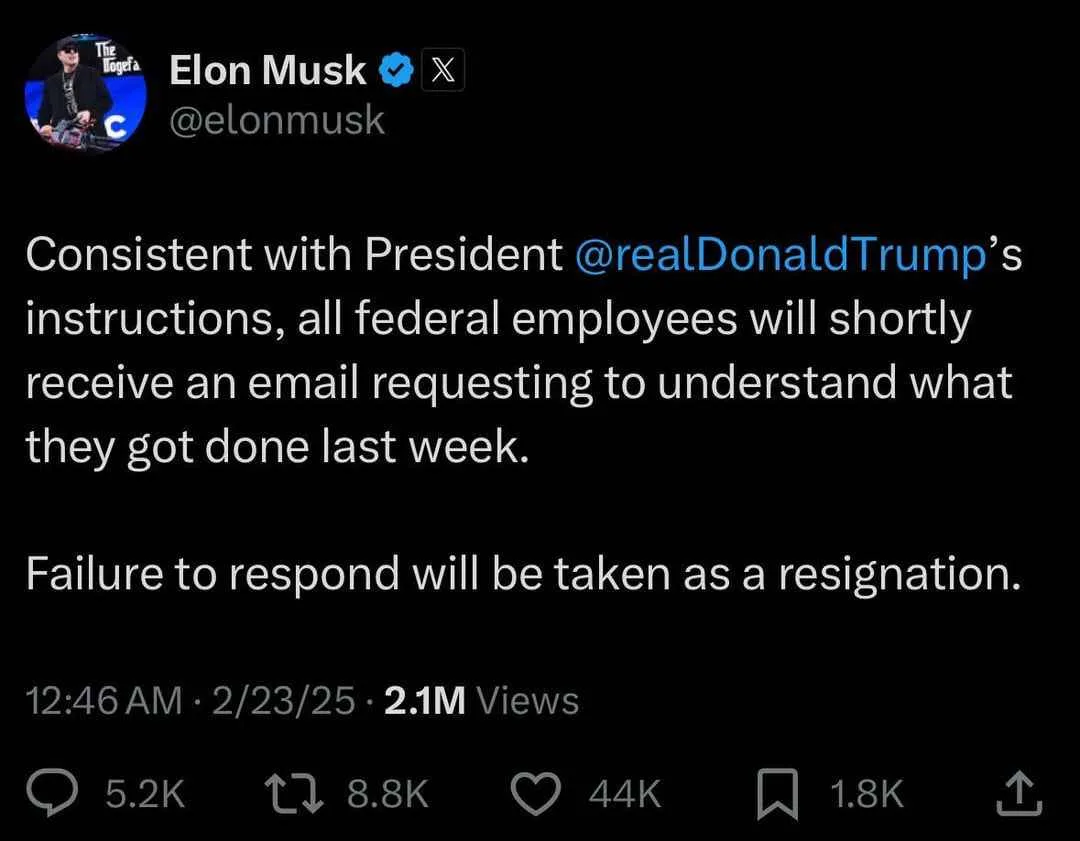 A screenshot of a fictional X (Twitter) post attributed to Elon Musk, which reads: 'Consistent with President…