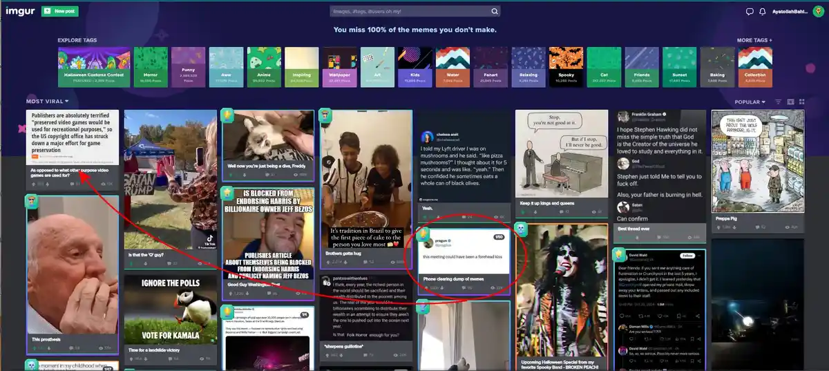 A screenshot of an Imgur page displaying various memes, with a red arrow pointing to a highlighted Twitter post that reads…