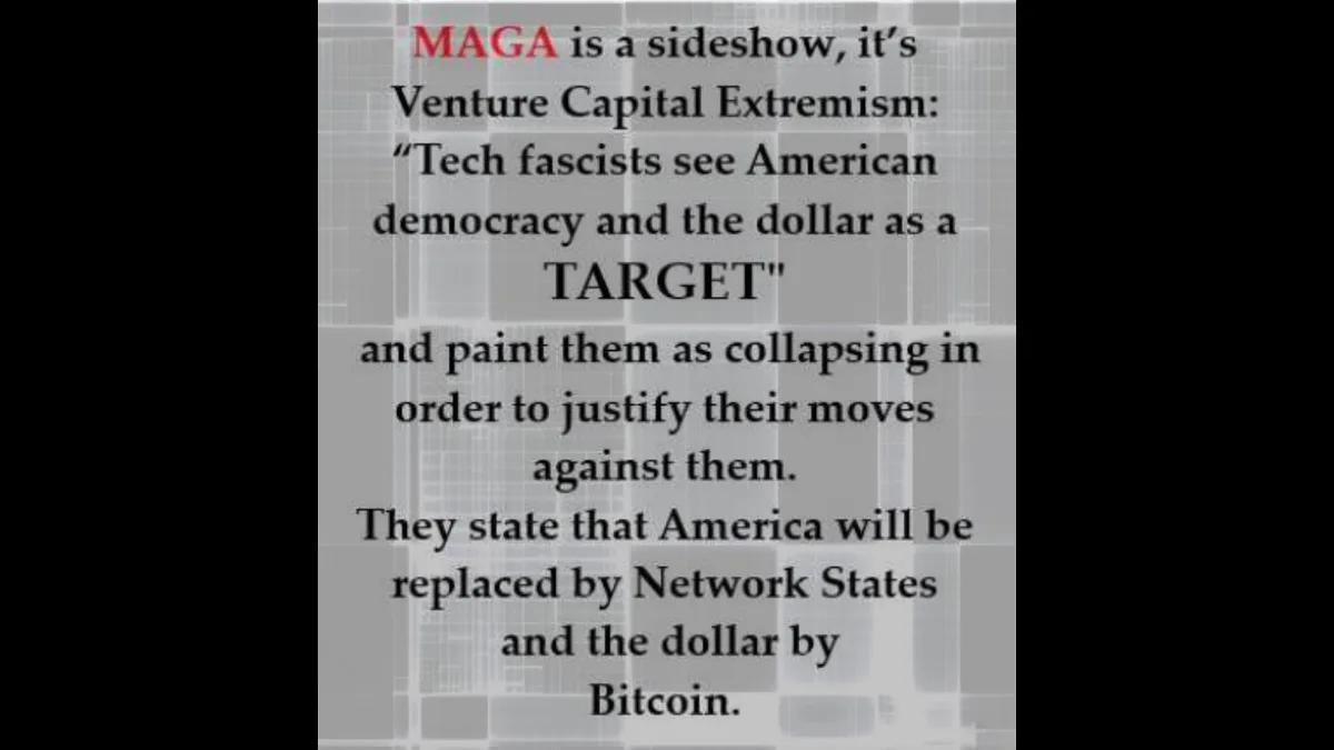 A gray grid-patterned background displays a block of text in black and red font. The text argues that MAGA is 'Venture…