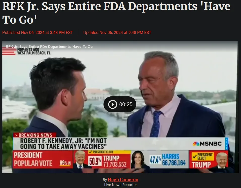 A screenshot of an MSNBC news segment showing Robert F. Kennedy Jr. being interviewed outdoors, with a breaking news banner…