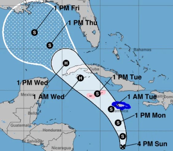 A weather map shows a hurricane's projected path across the Caribbean and Gulf of Mexico, with timestamps marking its…