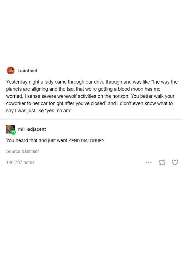 A screenshot of a Tumblr post showing a user named 'trainthief' describing a bizarre encounter where a customer at a…