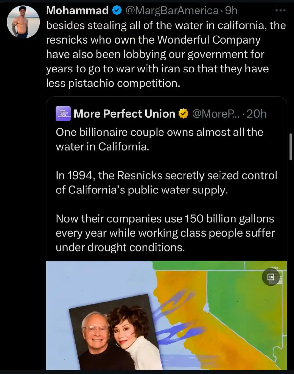 The image is a screenshot of a Twitter thread. The top tweet by 'Mohammad @MargBarAmerica' says 'besides stealing all of the…