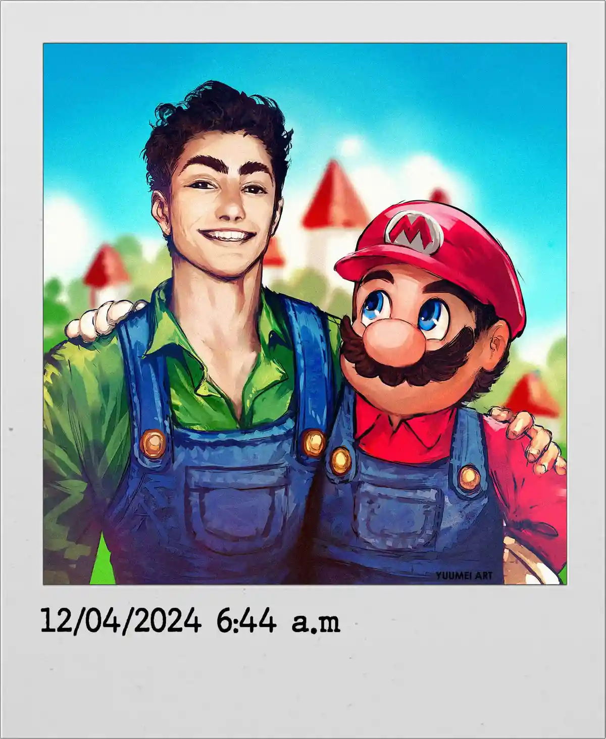 A digital illustration styled like a Polaroid photo shows a smiling young man with dark curly hair and a green shirt under…