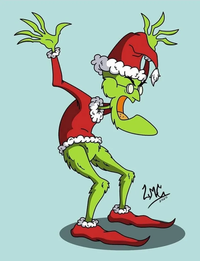 a green, furry cartoon character resembling the Grinch is shown wearing a red Santa suit with white trim, a red Santa hat…