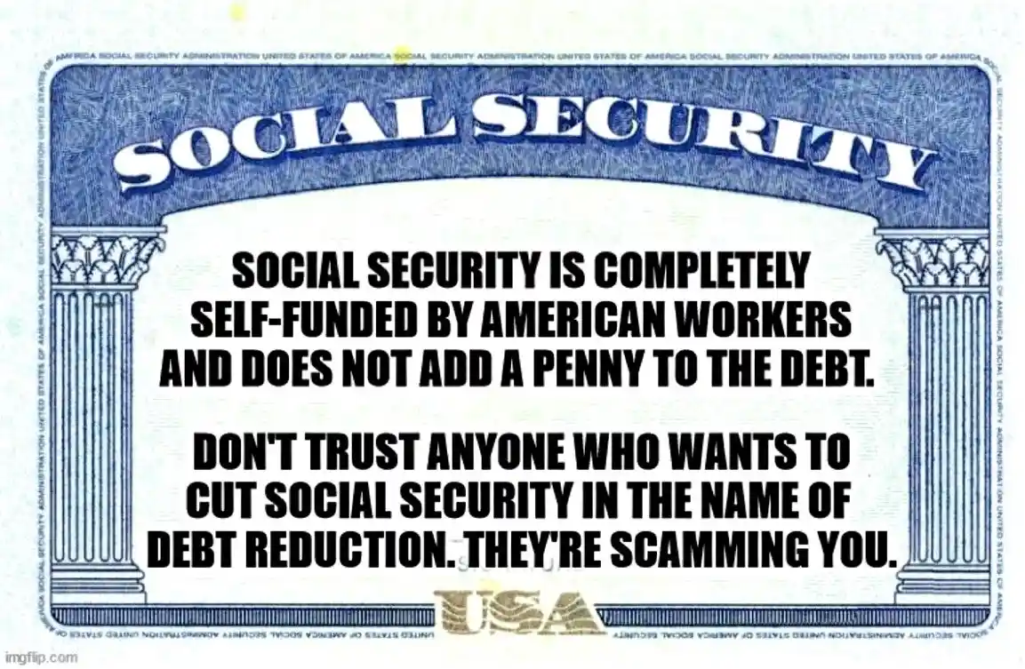 The image displays a mock Social Security card with a blue border and columns, featuring bold black text overlaid that…