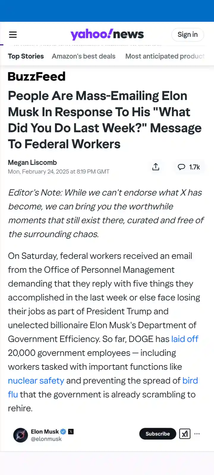 A screenshot of a Yahoo News article from BuzzFeed dated February 24, 2025, reporting that federal workers are mass-emailing…