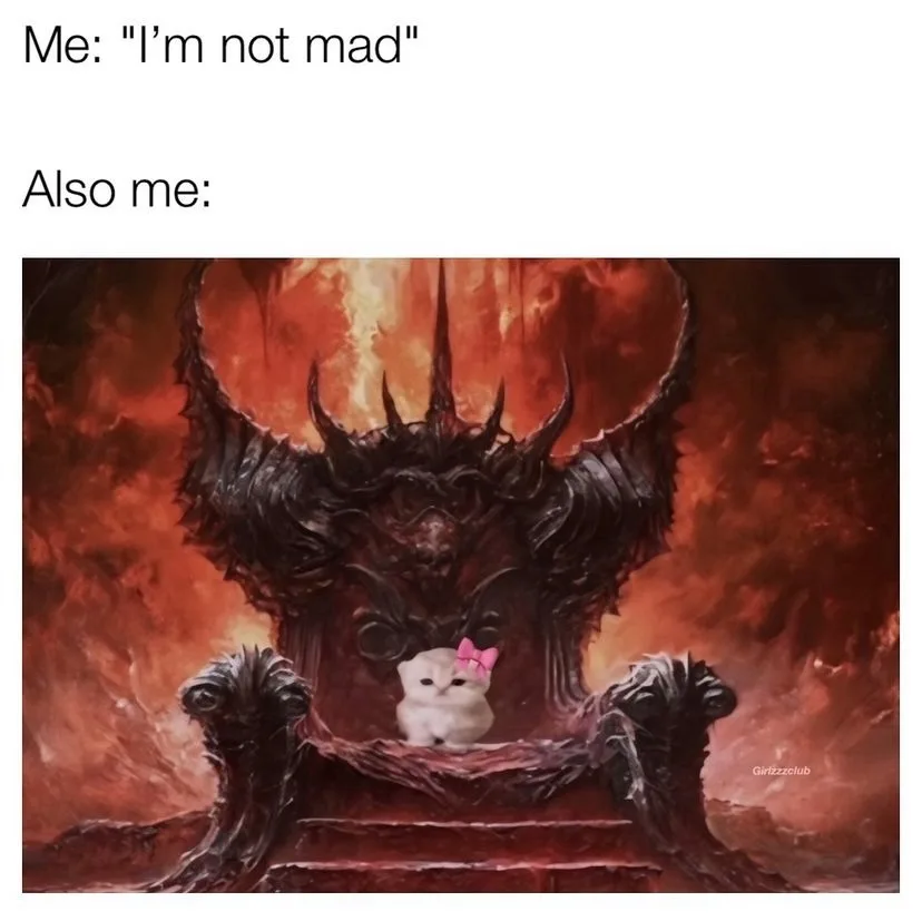 A small white kitten wearing a pink bow sits regally on a dark, ornate, throne-like chair set against a fiery, apocalyptic…