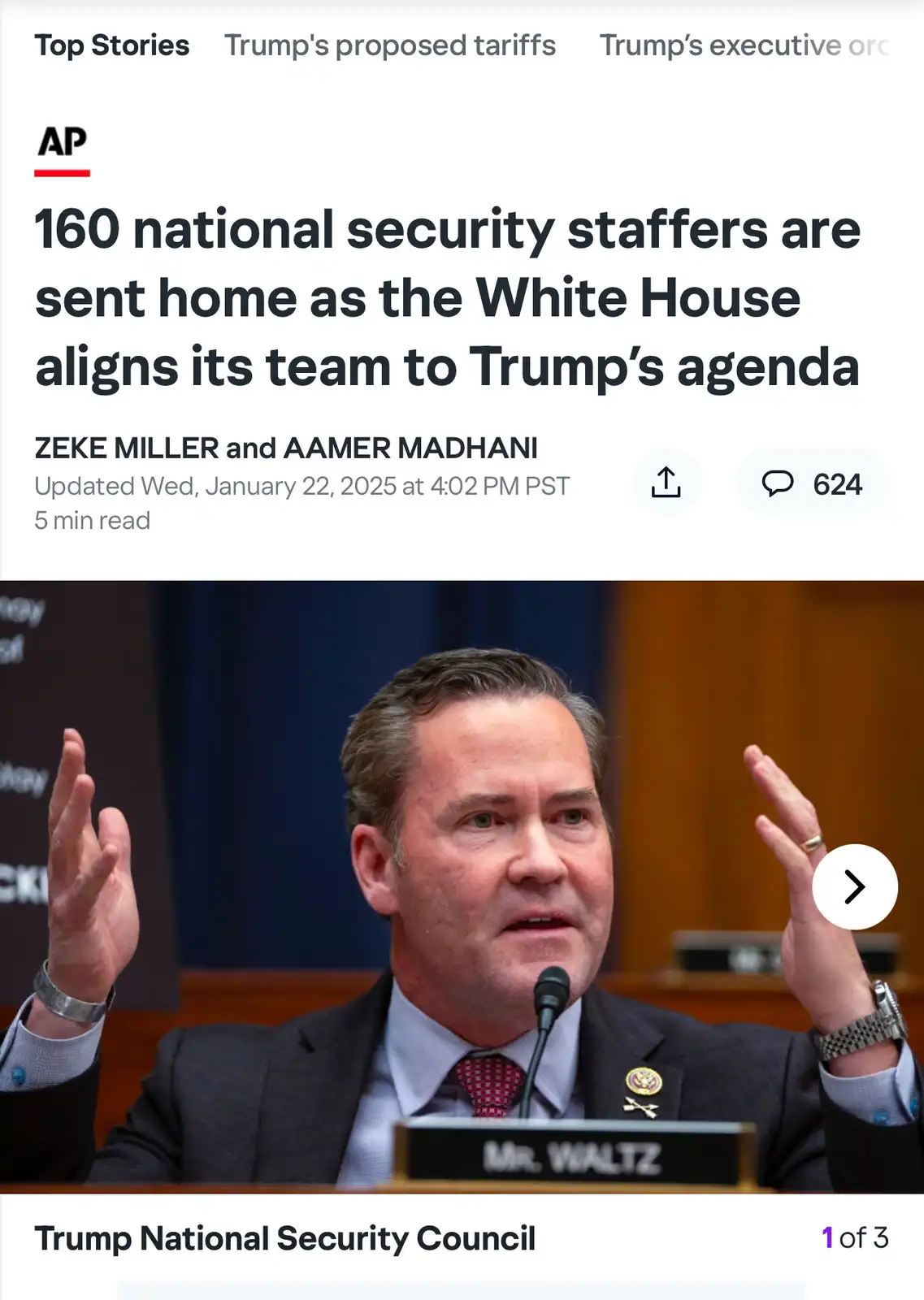 A screenshot of an AP news article headline about 160 national security staffers being sent home as the White House aligns…
