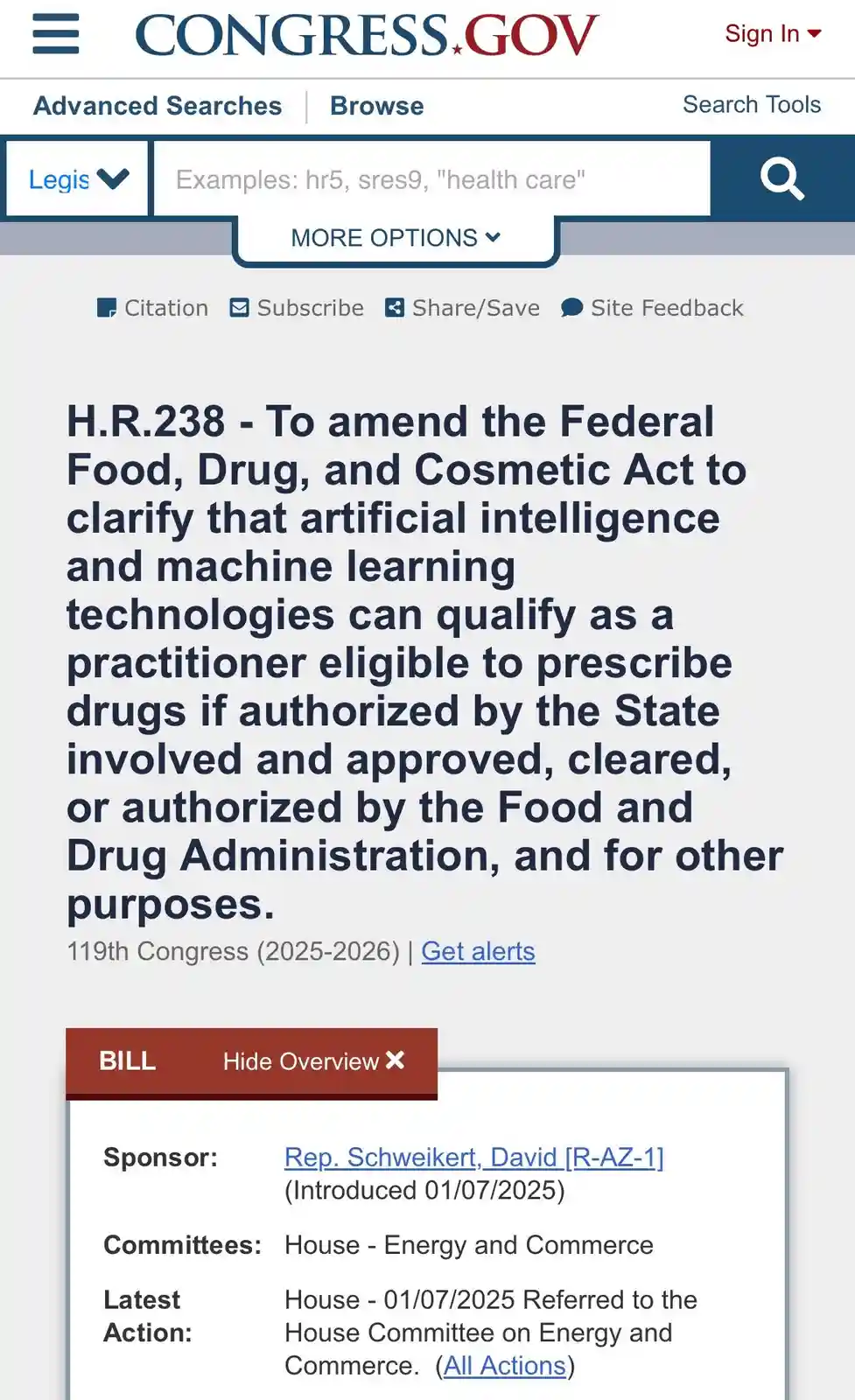 A screenshot of the congress.gov website showing bill H.R.238, which proposes to amend the Federal Food, Drug, and Cosmetic…