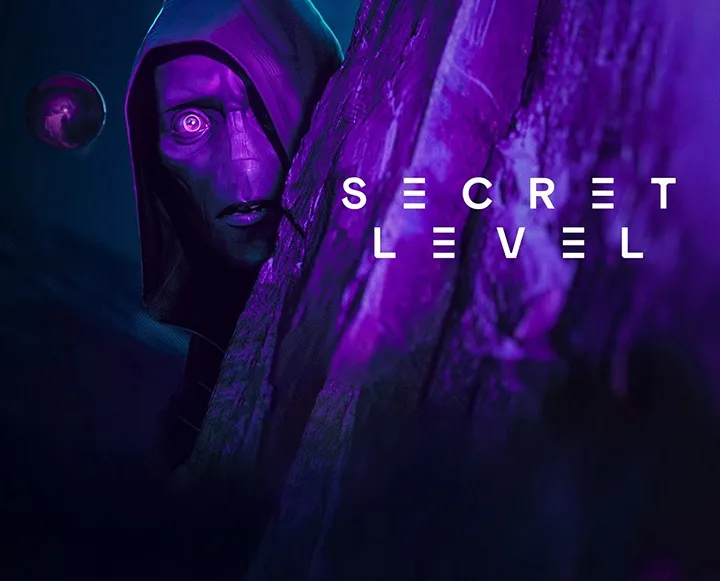 A hooded figure with glowing purple eyes peeks around a textured wall under dark, purple lighting. A small, glowing orb…