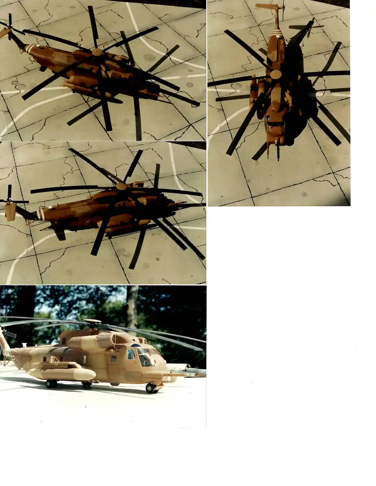 The image displays four photos of a military-style helicopter model. Three photos show the helicopter from above, with its…