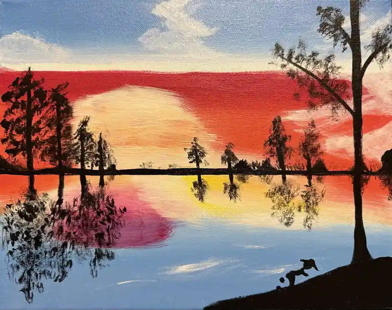 A painting depicts a serene sunset over a lake with silhouetted trees and their reflections. In the foreground, a small…