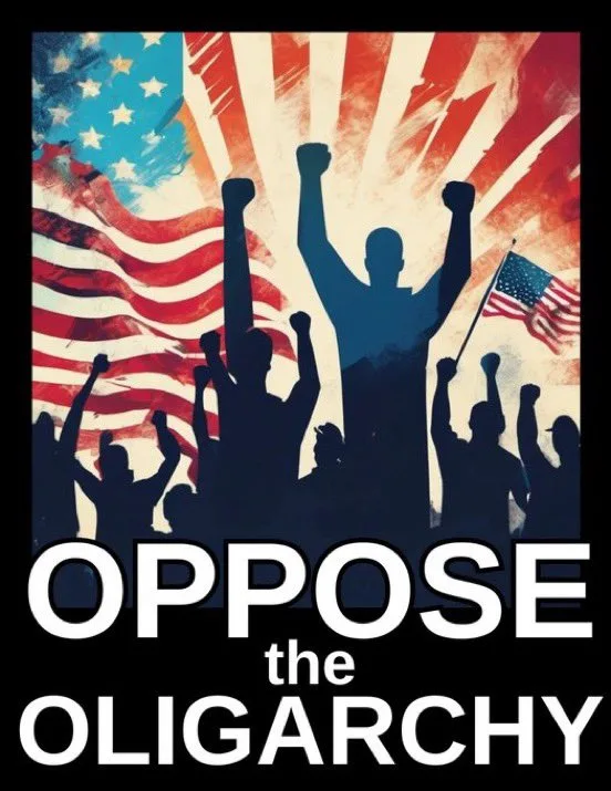 A stylized poster shows silhouettes of people raising their fists in protest against a backdrop of a waving American flag…