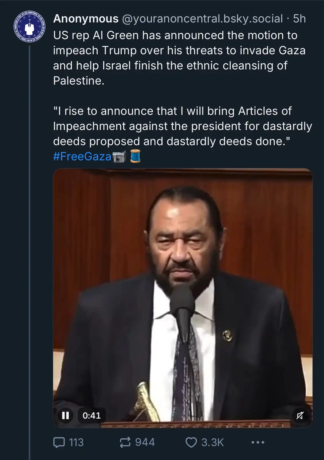 A screenshot of a social media post featuring a video clip of US Representative Al Green speaking at a podium in a formal…
