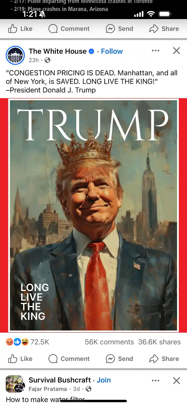 An image shows a stylized portrait of Donald Trump wearing a golden crown, set against a New York City skyline with the…