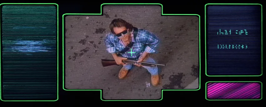 An overhead security camera view shows a man in a plaid shirt and sunglasses crouching while holding a shotgun, with a green…