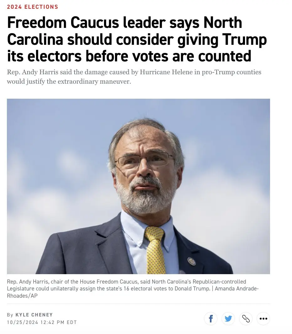 A screenshot of a news article shows Rep. Andy Harris, a man with glasses and a gray beard wearing a suit and yellow tie…