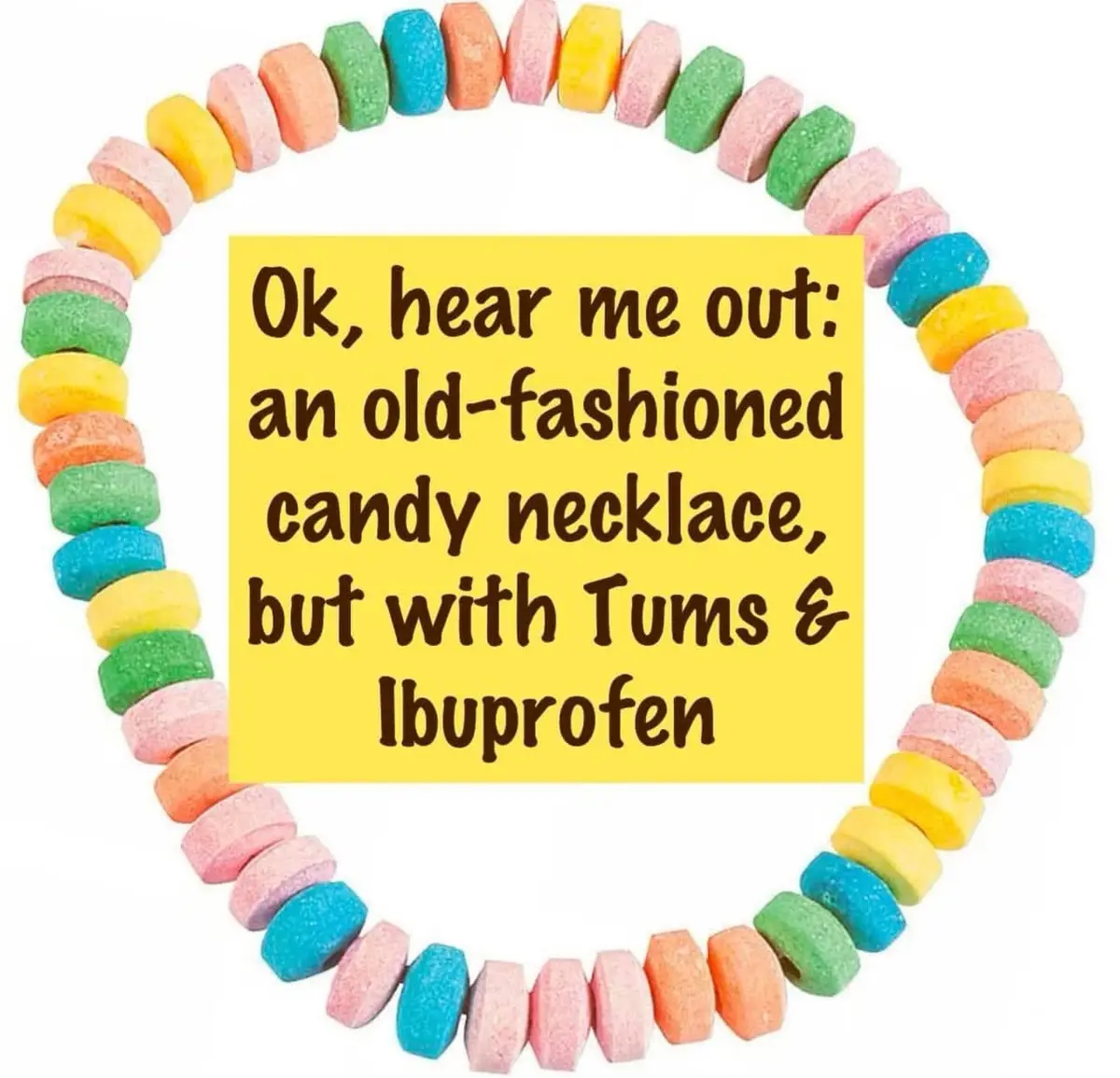 A circular necklace made of colorful, sugared, oblong candies arranged in a rainbow pattern. A yellow text box in the center…