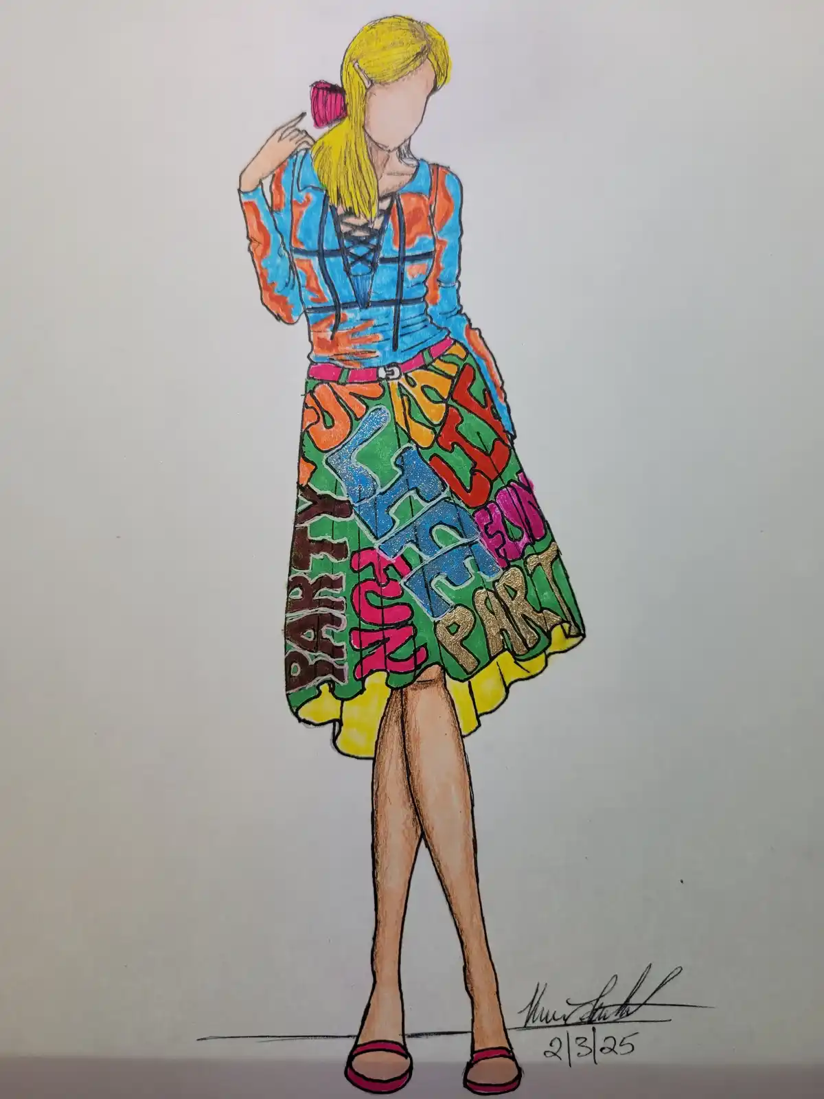 A colorful hand-drawn fashion illustration of a woman with blonde hair in a ponytail, wearing a blue and orange patterned…