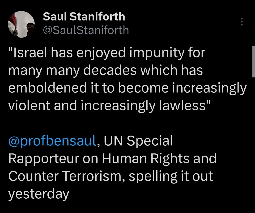 A screenshot of a tweet by Saul Staniforth showing a quote attributed to @profbensaul, UN Special Rapporteur on Human Rights…