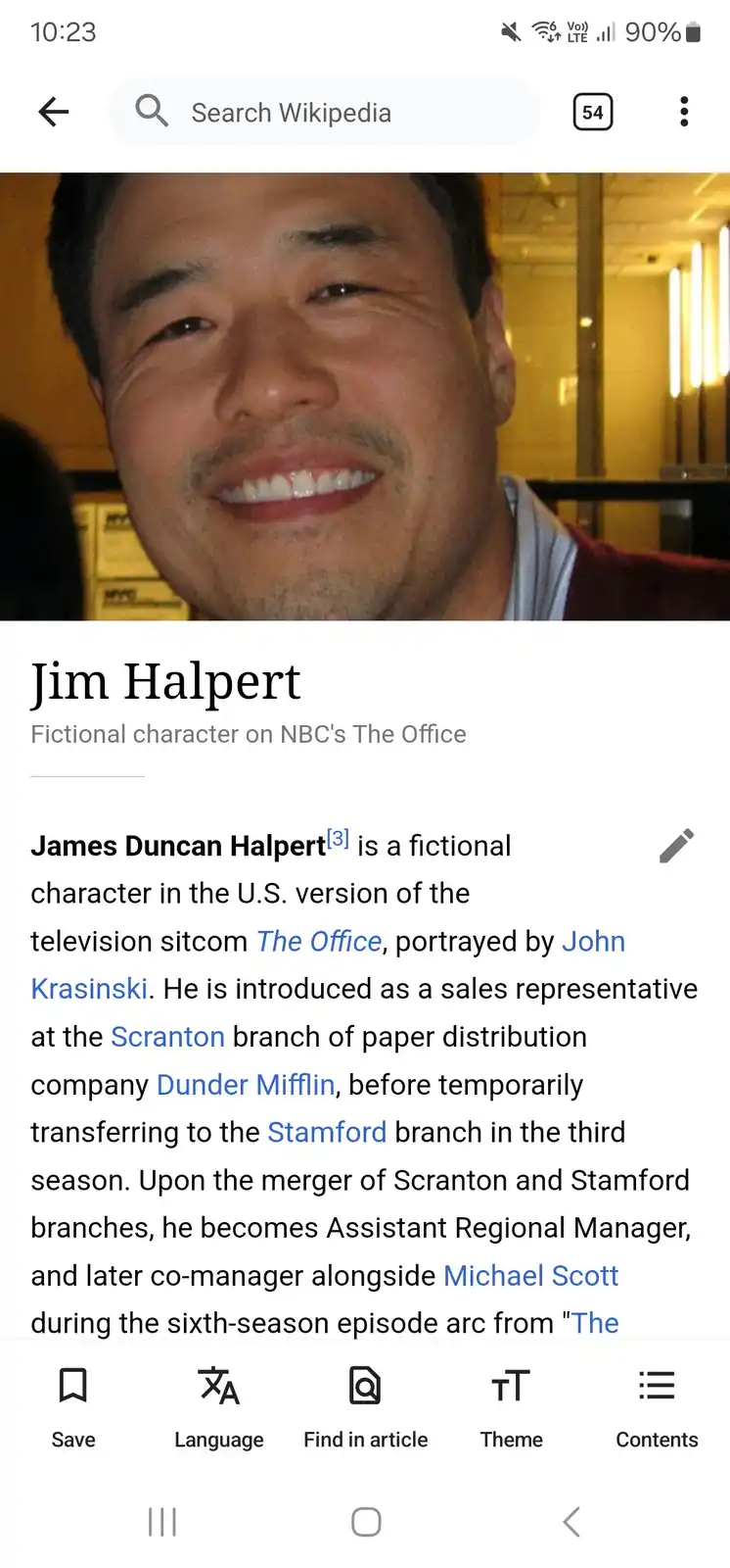 A screenshot of a Wikipedia mobile page for the fictional character Jim Halpert from 'The Office,' showing his portrait and…