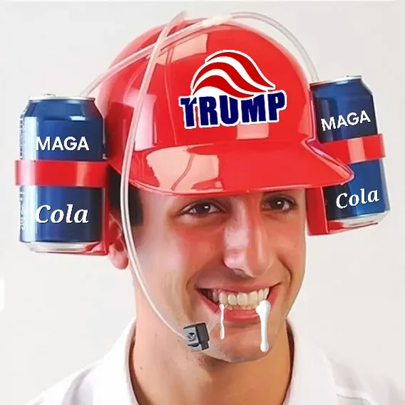A smiling man wears a red hard hat with the word 'TRUMP' and a swoosh logo. Two blue soda cans labeled 'MAGA Cola' are…