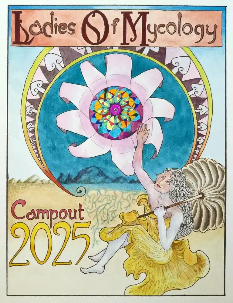 An illustrated poster for 'Ladies Of Mycology Campout 2025' features a woman in a yellow mushroom-shaped dress holding a…