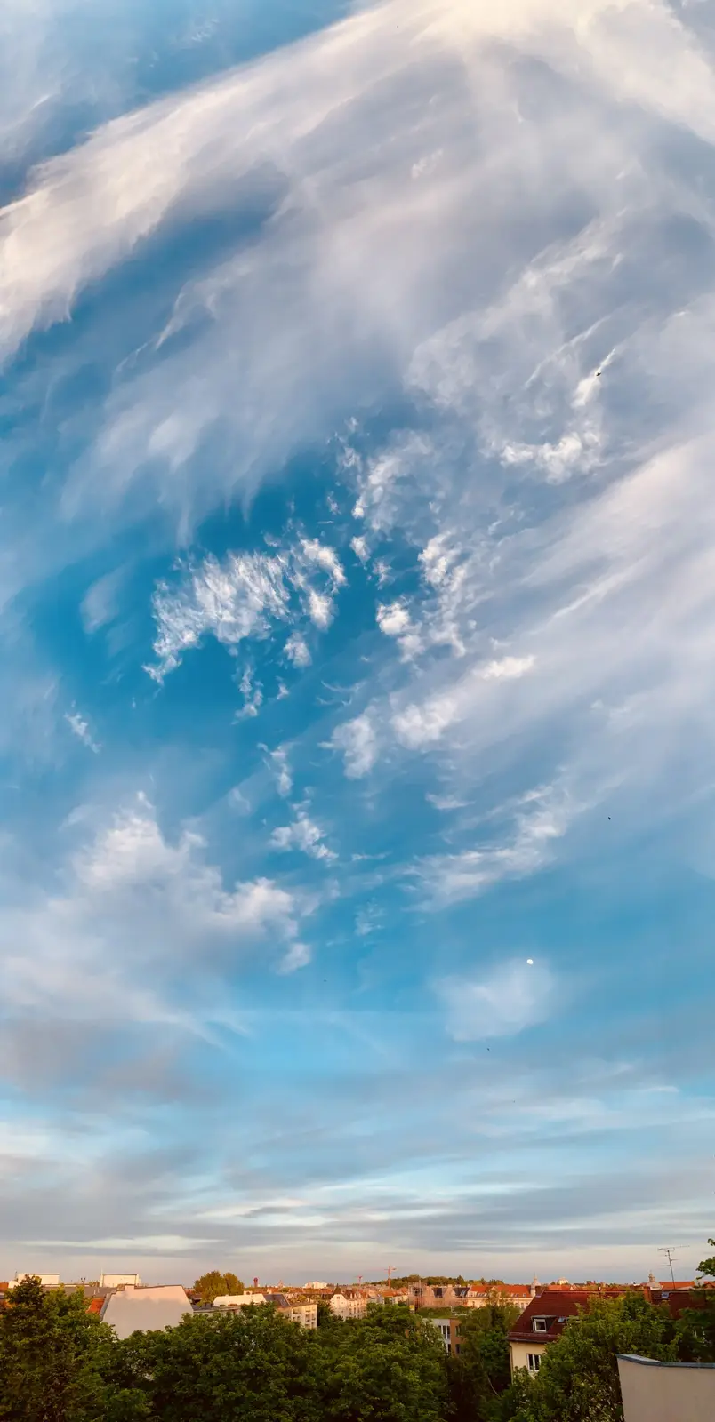 A vertical photograph shows a vast blue sky filled with wispy, streaky white clouds over a cityscape with rooftops and trees…