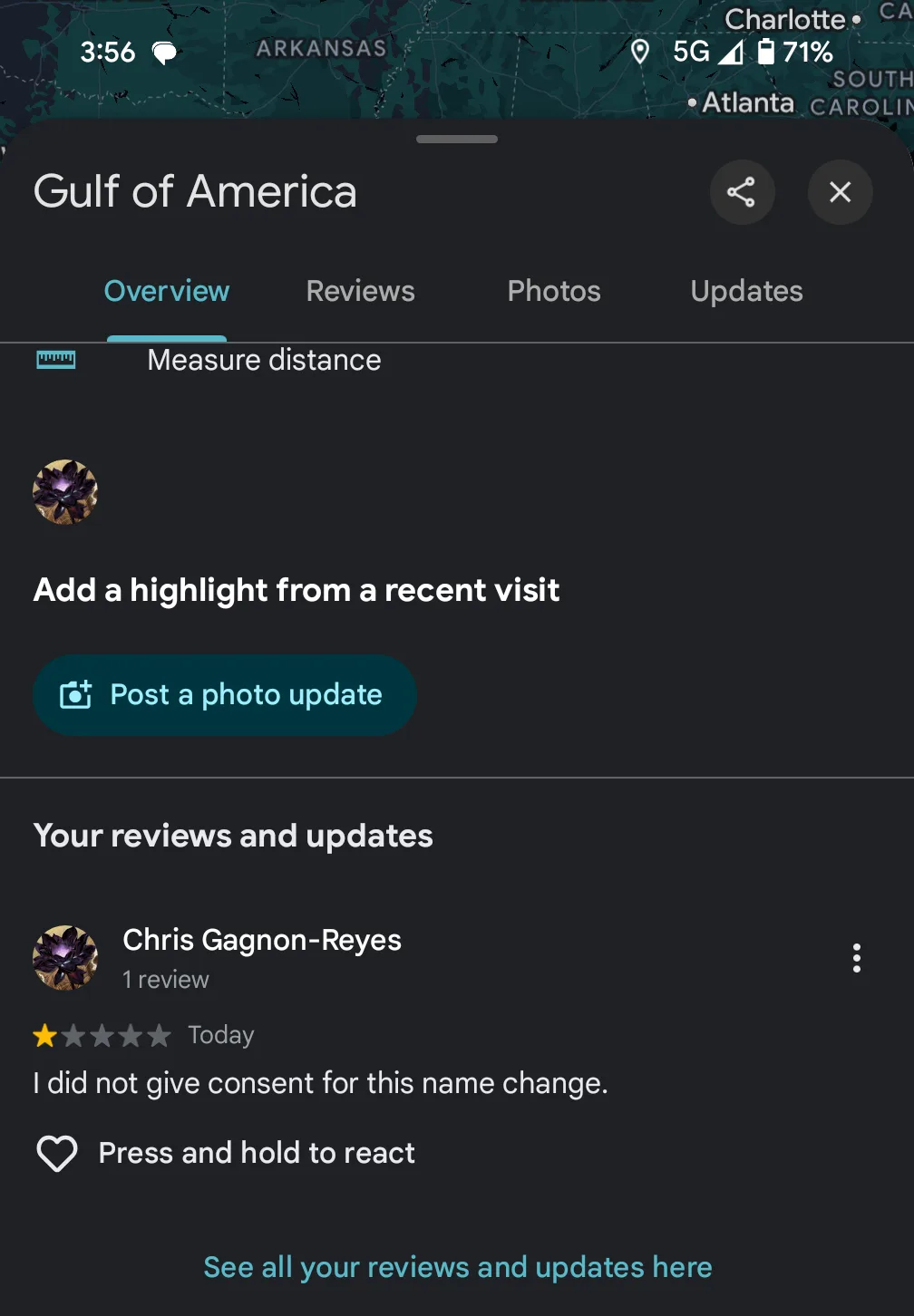 A screenshot of a Google Maps page for a location named 'Gulf of America', showing a user review by Chris Gagnon-Reyes that…