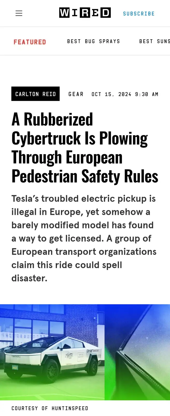 The image displays a screenshot of a Wired article dated October 15, 2024, featuring a white Tesla Cybertruck with a…