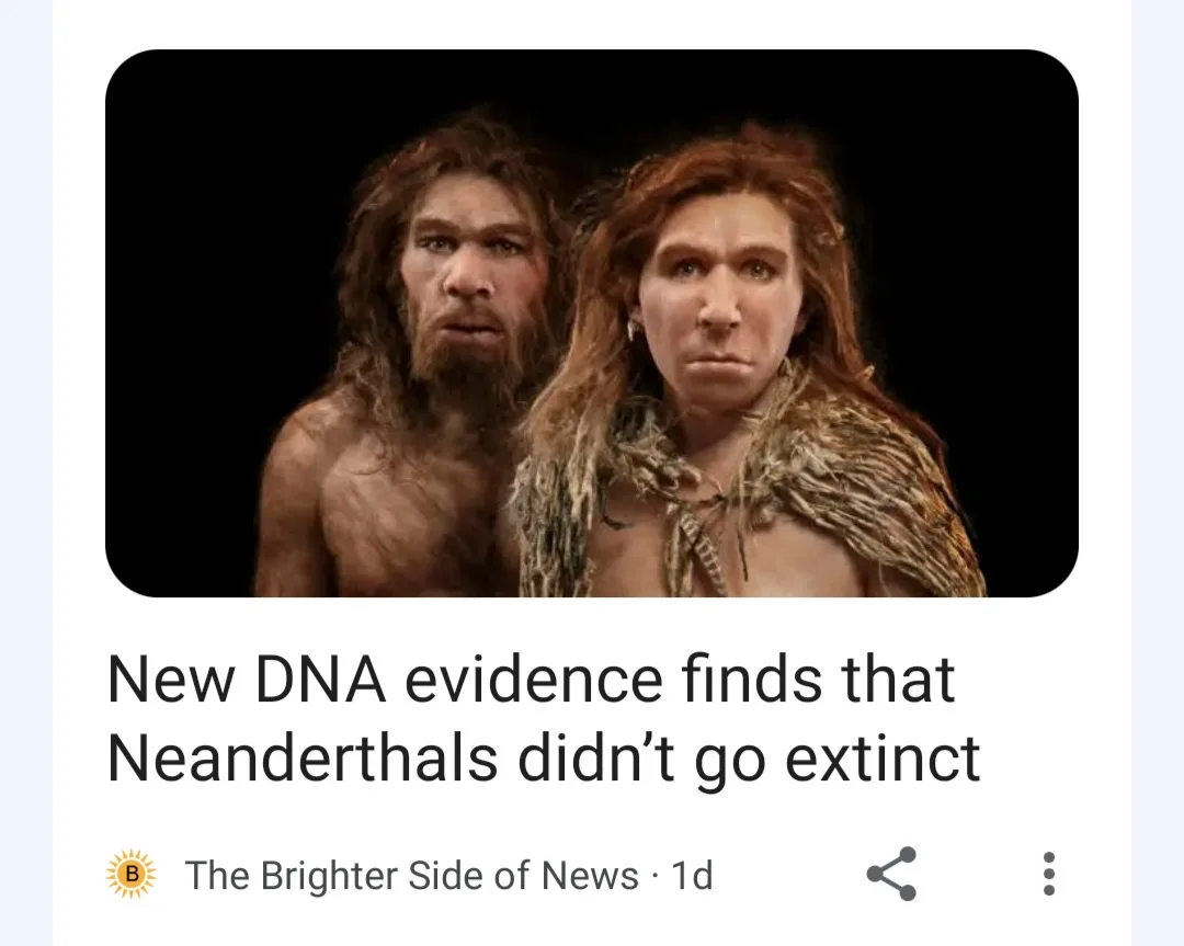 The image shows two reconstructed Neanderthal figures, a male and a female, standing side by side against a black…