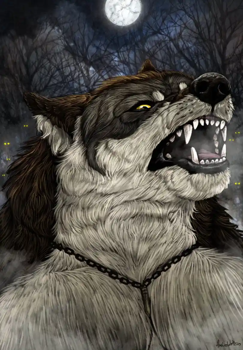 A digitally illustrated wolf with glowing yellow eyes and sharp teeth is howling at a full moon against a dark, leafless…