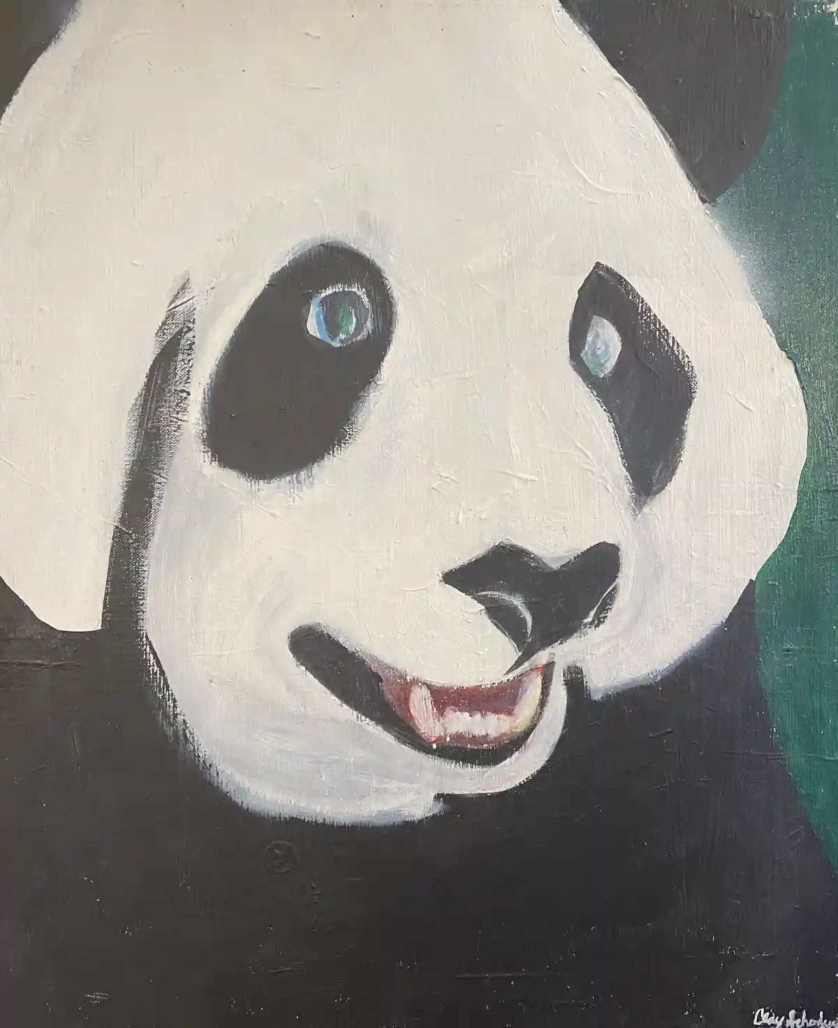 A painted portrait of a panda with a wide, toothy grin, showing blue-green eyes and black-and-white fur, overlaid with the…