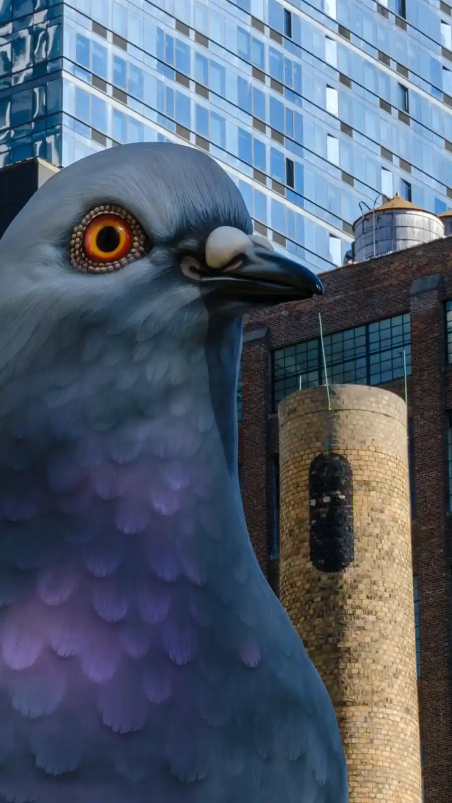 A giant, hyperrealistic mural of a pigeon's head and neck dominates the foreground, painted with detailed feathers in shades…