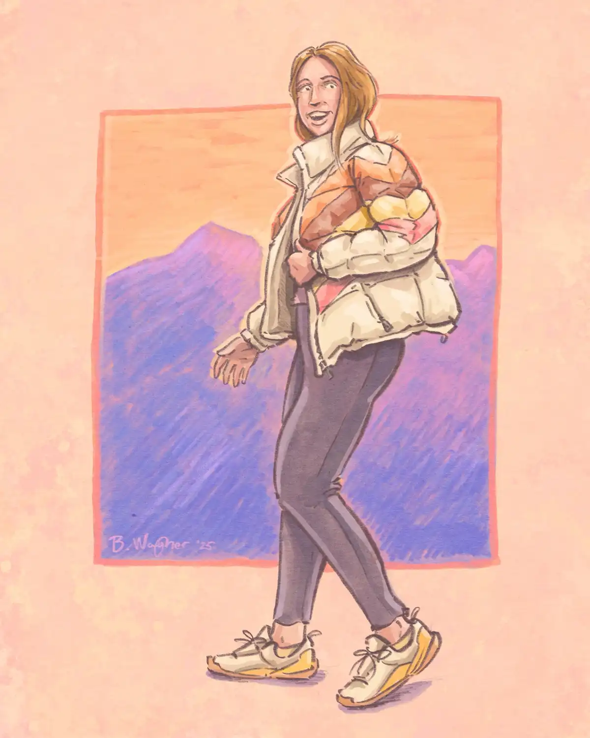 A colorful illustration shows a woman walking confidently while wearing a puffy winter coat over a brightly colored, quilted…