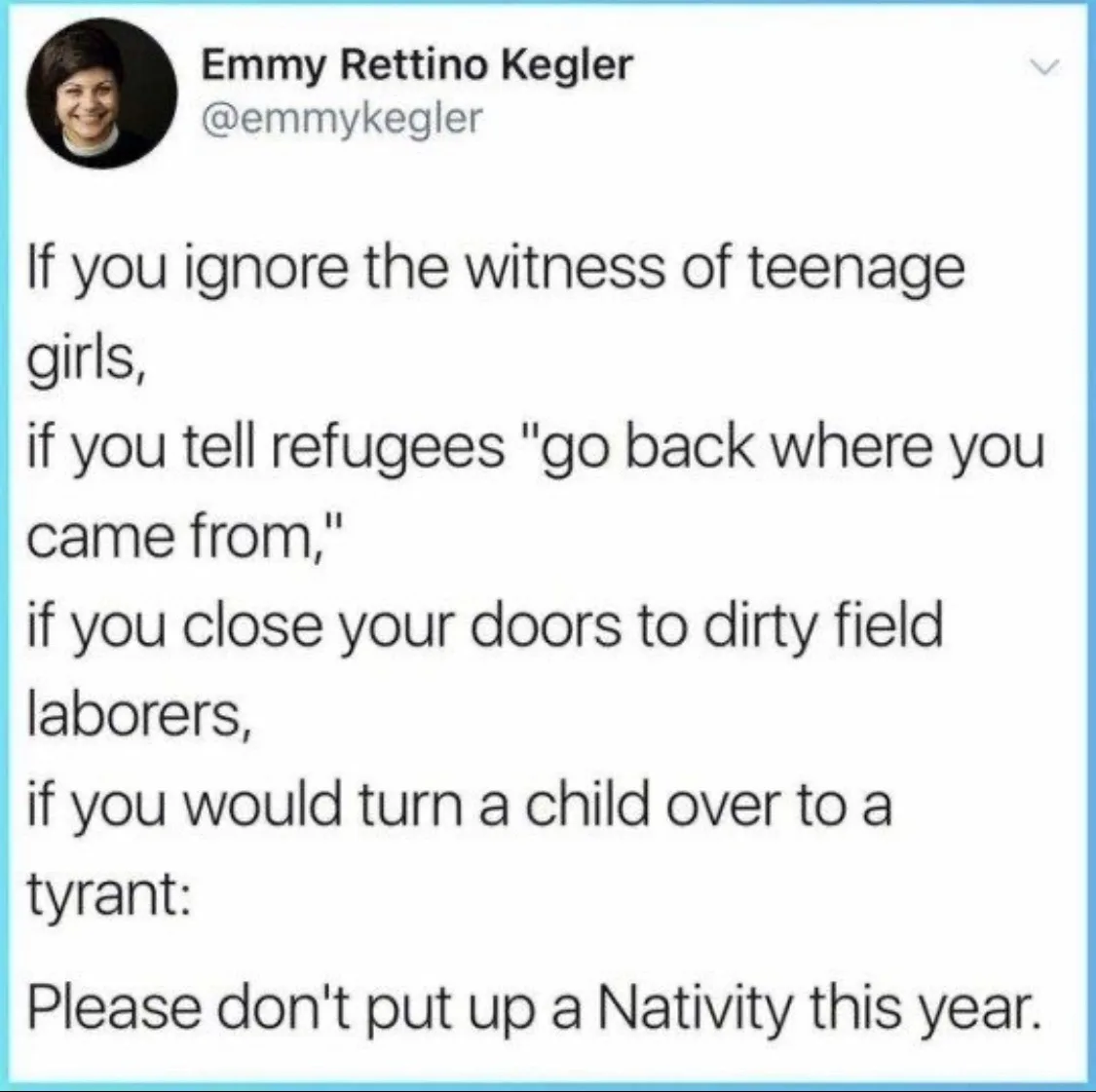 The image displays a screenshot of a tweet by Emmy Rettino Kegler. The tweet contains a list of morally questionable…