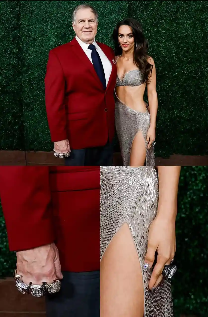 A composite image shows an older man in a red suit and a woman in a silver sequined dress standing together against a green…