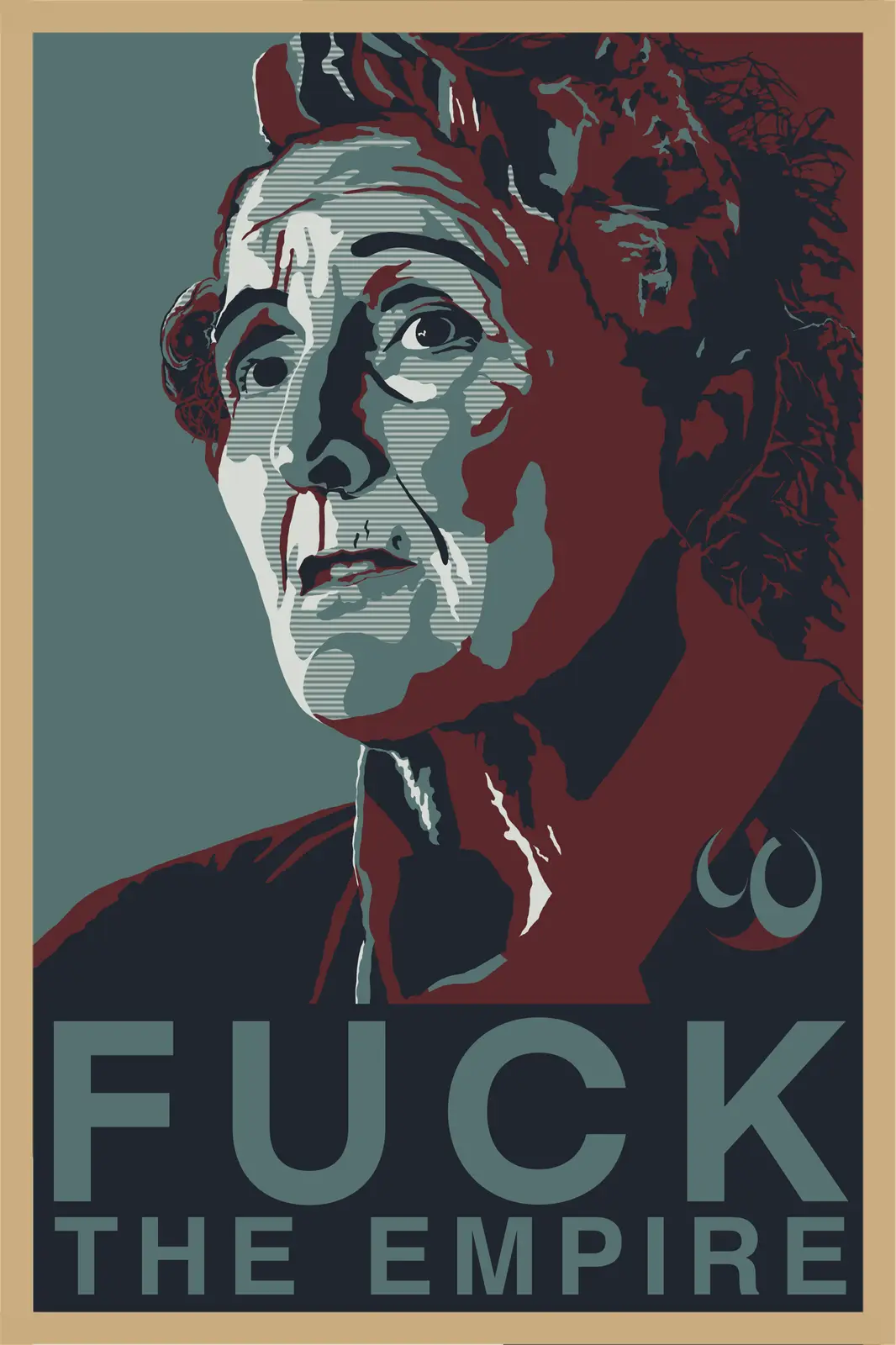 A stylized, posterized portrait of a man with a distressed expression, blood-like streaks on his face, and a Rebel Alliance…