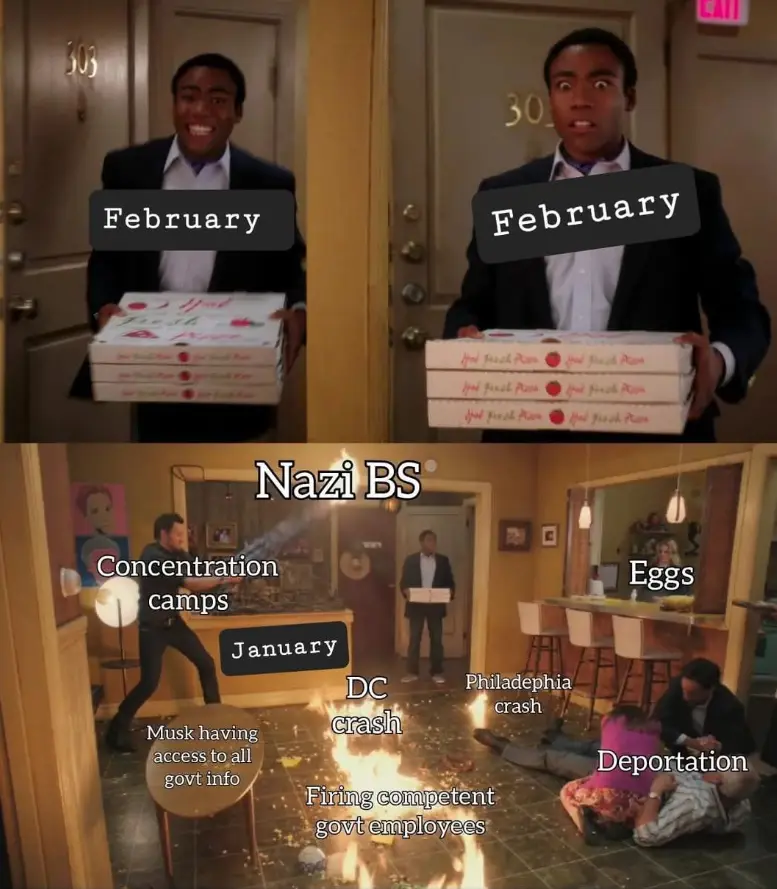 The meme features a split image: top panel shows a man holding pizza boxes labeled 'February' with a happy expression, then…