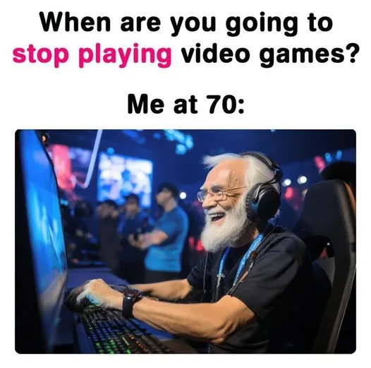An elderly man with a white beard and glasses, wearing headphones and a black t-shirt, is smiling broadly while intensely…