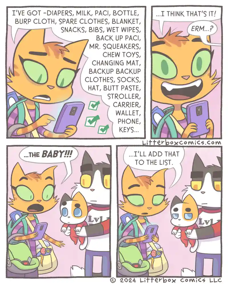 A four-panel comic strip featuring anthropomorphic cats. In the first panel, an orange cat lists baby items on a phone. In…