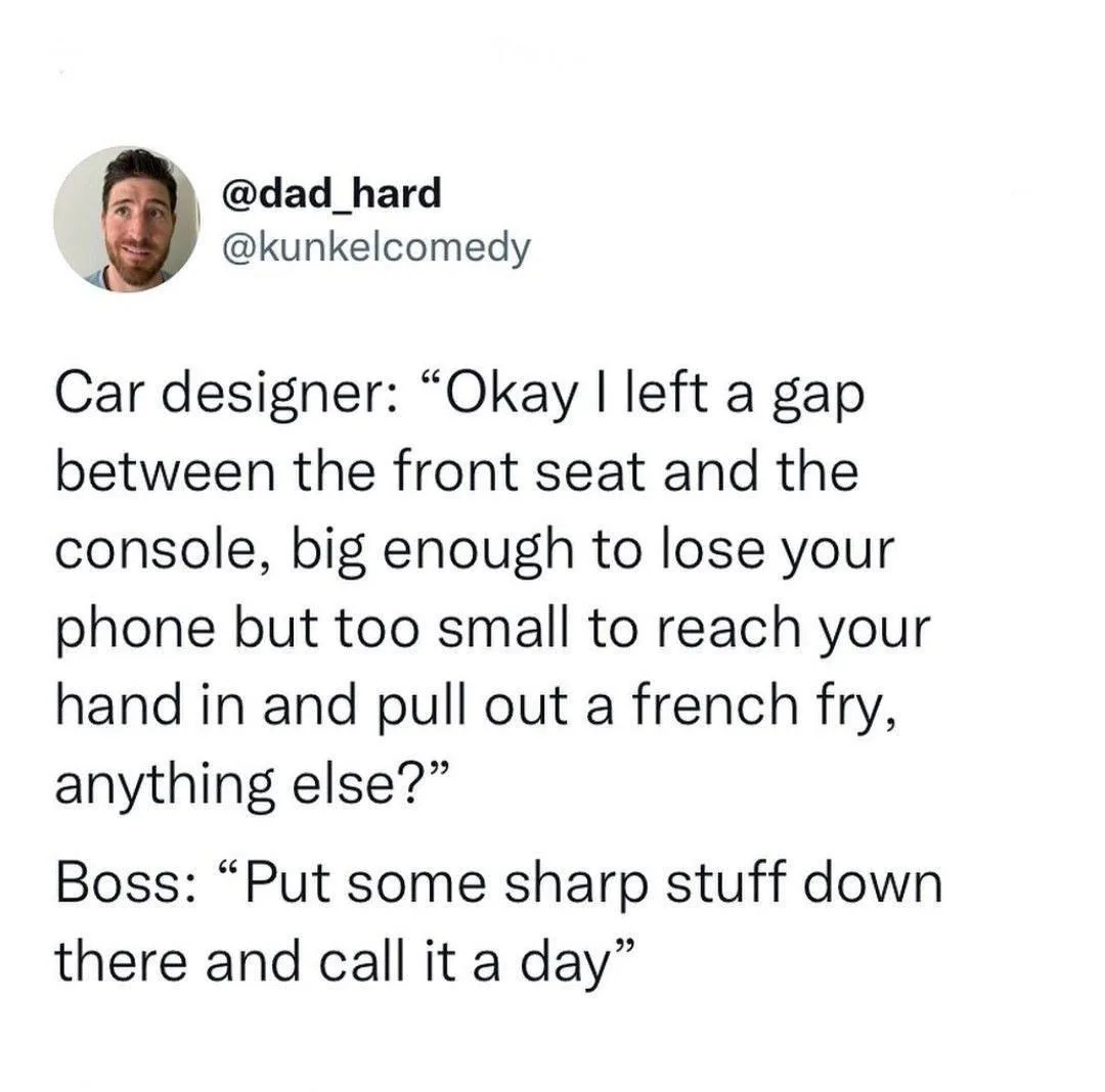 The image displays a tweet from @dad_hard with a white background and black text. The text is a humorous dialogue where a…