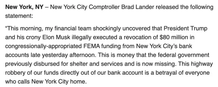 A screenshot of a New York City Comptroller's statement alleging that President Trump and Elon Musk illegally revoked $80…