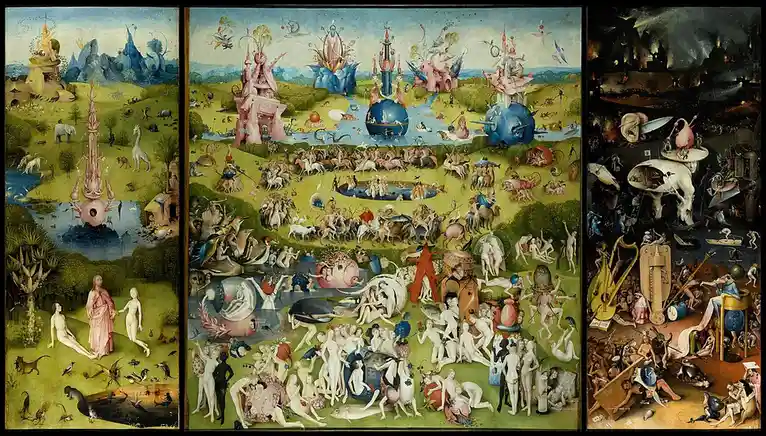 a triptych painting showing a surreal, fantastical landscape divided into three panels: left with Adam and Eve in Eden…